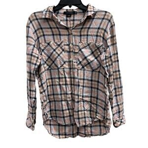 Sanctuary boyfriend plaid linen blend beige blue grunge Streetwear shirt sz XS
